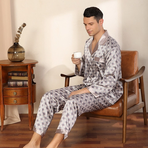 Herren Satin Pyjama Set Revers Langarm Lange Hose Lässig Geometrischer Druck Schlafanzug Hausanzug