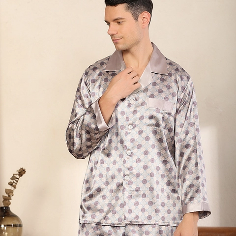 Herren Satin Pyjama Set Revers Langarm Lange Hose Lässig Geometrischer Druck Schlafanzug Hausanzug