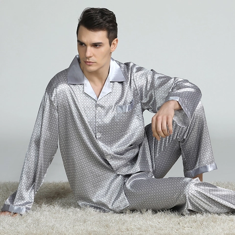 Pigiama da Uomo in Raso Maglia E Pantaloni Manica Lunga Stampato Abbottonato Abbigliamento da Notte Comodo Casual Lounge Wear