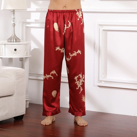 Herren Satin Pyjamahose Drachen Druck Schlafhose Leicht Sommer Loungewear Elastische Taille Home Hose Zum Schlafen