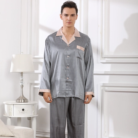 Set Pigiama da Uomo in Raso Manica Lunga con Bottoni e Motivo a Pois Grigio Blu Camicia e Pantaloni da Casa