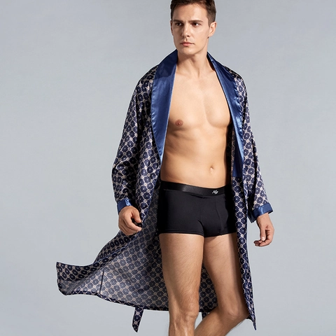 Herren Satin Bademantel Langarm Leicht Bademantel mit Gürtel Schalkragen Taschen Geometrischer Druck Luxus Loungewear Schlafanzug
