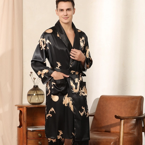 Luxury Men Satin Bathrobe And Pants Outfit Long Sleeve Dragon Pattern Sleepwear Retro Gold Printing Kimono Home Outfit