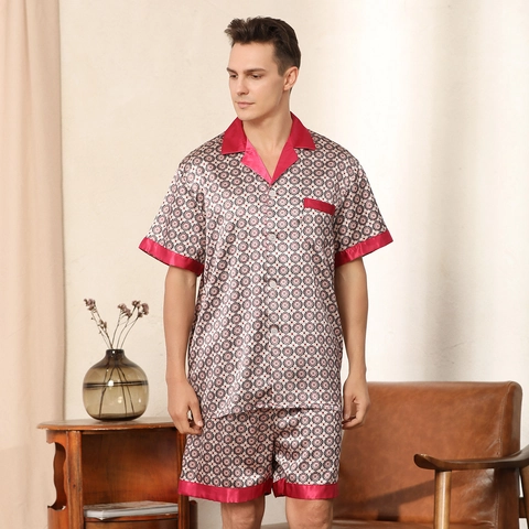 Set Pigiama in Raso da Uomo Camicia a Maniche Corte e Pantaloncini Due Pezzi Abbigliamento da Notte Stampa Geometrica Gentleman Home Wear