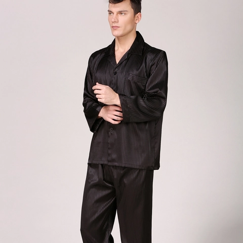 Pigiama da Uomo in Satin a Righe Maglia E Pantaloni Manica Lunga Bottoni Loungewear Taglia Europea Finta Seta Nero