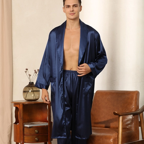 Men's Luxury Satin Long Sleeve Robe And Pants Sleepwear Solid Color Soft Home Pajamas Bathrobe Nightwear For Men