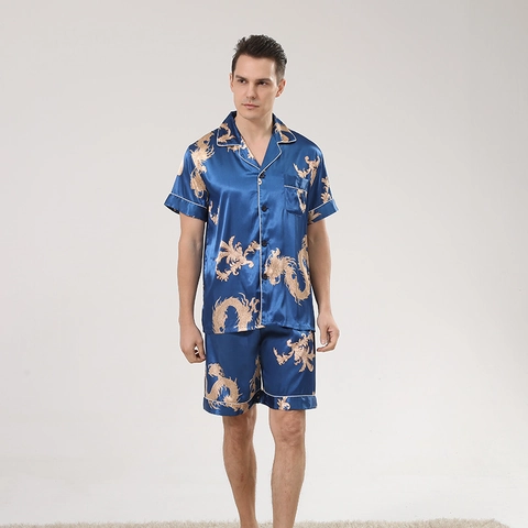 Men Dragon Print Satin Pajama Set Short Sleeve Shirt Shorts Summer Homewear Plus Size Casual Notched Collar Sleepwear