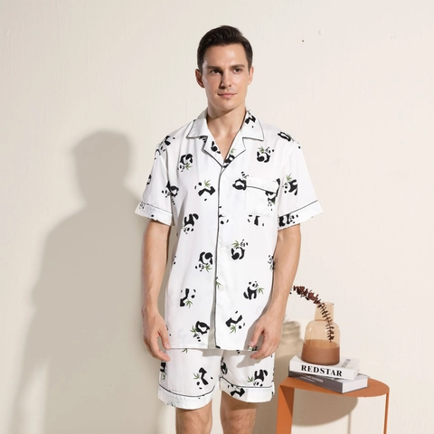 Panda Bambus Druck Satin Schlafanzug Oberteil Und Hose Dünn Atmungsaktiv Kurzarm Lang Pyjama Nachtwäsche Für Herren Damen Paar