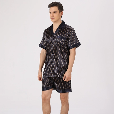 Men Casual Satin Pajamas Top And Shorts Short Sleeve Lapel Striped Polka Dot Loungewear Sleepwear Homewear Pajama For Men