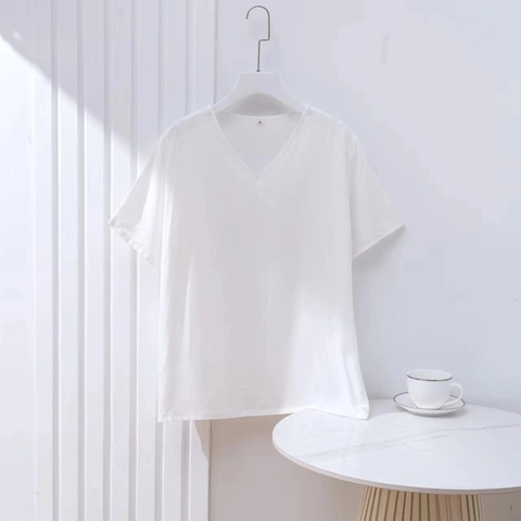 Camiseta Informal para Mujer con Cuello en V y Manga Corta Viscosa Transpirable Camiseta de Pijama Verano Ropa de Dormir Color Sólido