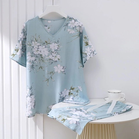 Set Pigiama da Donna in Viscosa Estiva Scollo a V Maglia a Maniche Corte e Pantaloncini Stampati Comodi e Traspiranti