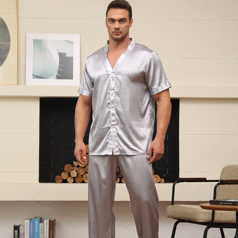 Herren Satin Schlafanzug Geometrisches Rautenmuster Kurzarm Hemd Mit Knöpfen Und Lange Hose Loungewear Nachtwäsche Herren