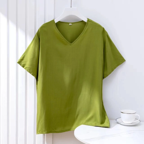 Camiseta Informal para Mujer con Cuello en V y Manga Corta Viscosa Transpirable Camiseta de Pijama Verano Ropa de Dormir Color Sólido