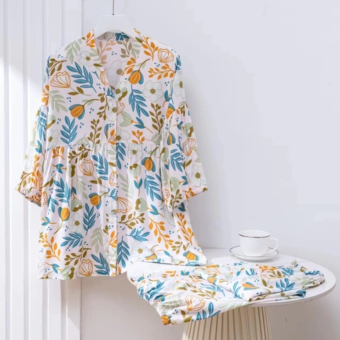 Damen Japanischer Stil Viskose Schlafanzug Set V-Ausschnitt Oberteil Und Hose Blumen Cartoon Bär Drucken Loungewear Dünn