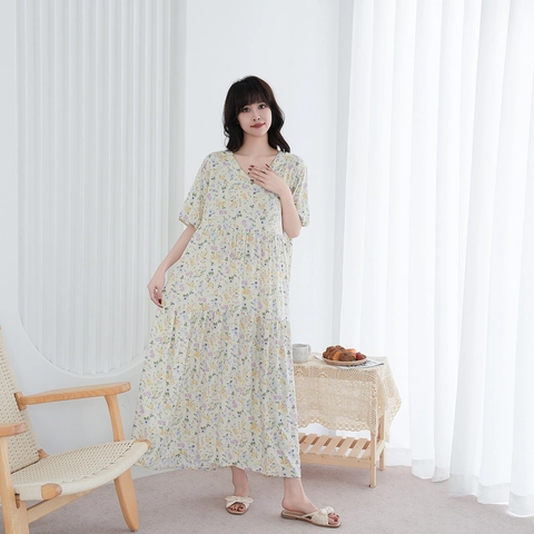 Damen Floral Print Viskose Maxi Kleid V Ausschnitt Halbarm Locker A Linie Böhmisch Strand Urlaub Lässige Home Schlaf Kleid