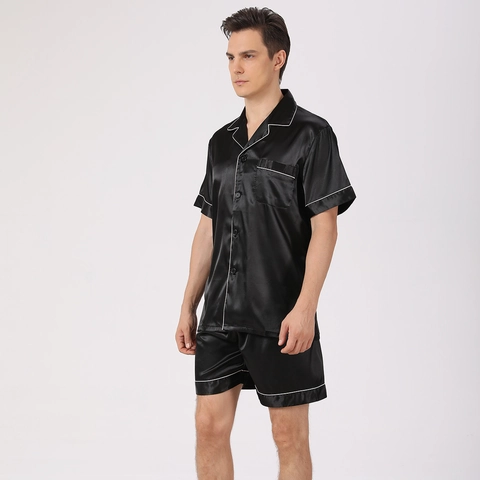 Men's Satin Pajama Set Short Sleeve Button Down Shirt And Shorts Two Piece Silk Like Sleepwear Loungewear Pocket Piping
