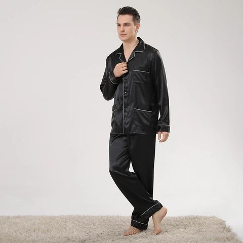 Men Satin Pajama Set Long Sleeve Top And Pants Minimalist Casual Sleepwear With Contrast Piping Pocket Loungewear