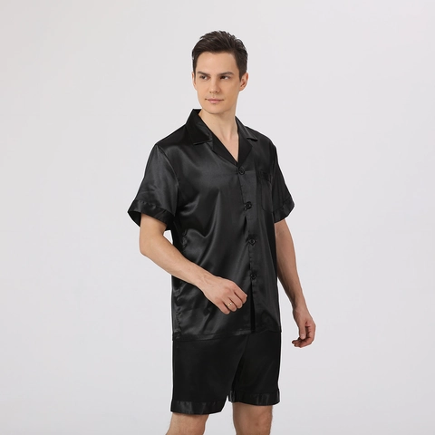 Men's Satin Pajama Set Short Sleeve Button Down Shirt And Shorts Two Piece Silk Like Sleepwear Loungewear Pocket Piping