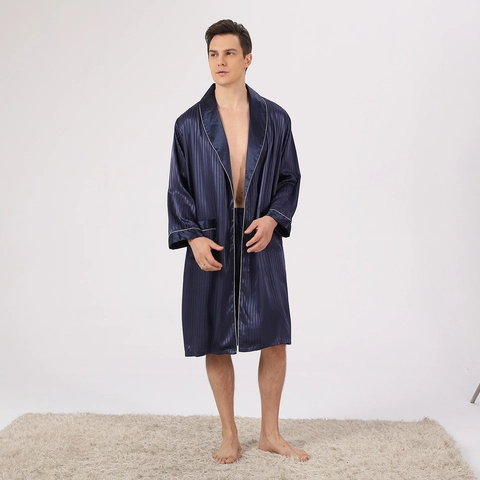 Set Pigiama da Uomo in Raso a Righe Vestaglia a Maniche Lunghe e Pantaloncini Camicia da Notte Set Accappatoio Taglie Forti per Uomo