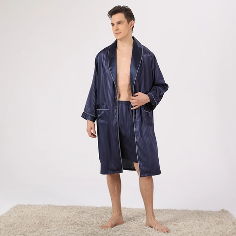 Set Pigiama da Uomo in Raso a Righe Vestaglia a Maniche Lunghe e Pantaloncini Camicia da Notte Set Accappatoio Taglie Forti per Uomo