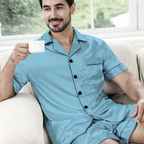 Pigiama da Uomo in Satin Set Manica Corta Bottoni Abbigliamento Notte Bordi a Contrasto Loungewear Completo Estivo Top E Pantaloni
