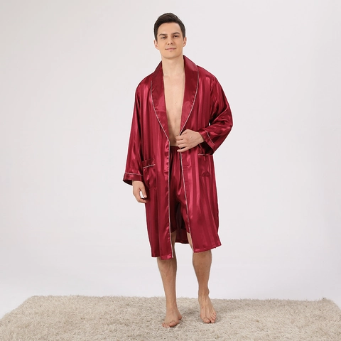 Set da Notte in Satin per Uomo Vestaglia e Pantaloncini a Righe Motivo a Scacchiera Accappatoio Manica Lunga con Cintura Tasche