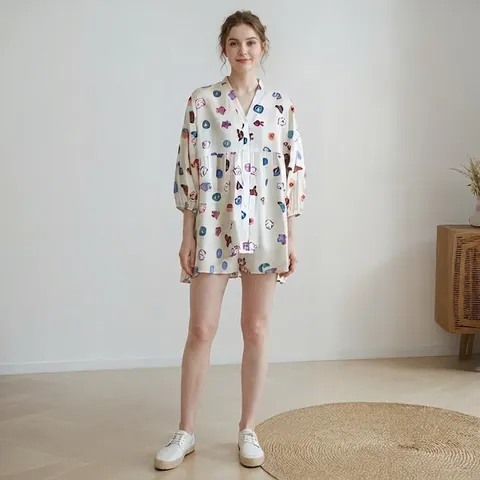 Damen Japanischer Stil Viskose Schlafanzug Set V-Ausschnitt Oberteil Und Hose Blumen Cartoon Bär Drucken Loungewear Dünn