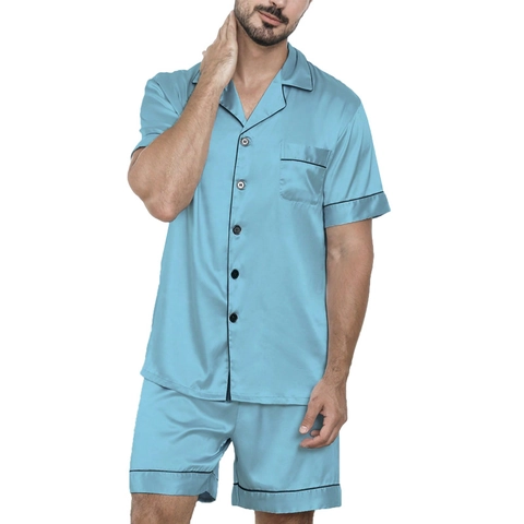 Pigiama da Uomo in Satin Set Manica Corta Bottoni Abbigliamento Notte Bordi a Contrasto Loungewear Completo Estivo Top E Pantaloni