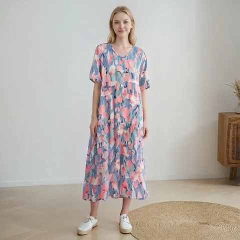 Damen Floral Print Viskose Maxi Kleid V Ausschnitt Halbarm Locker A Linie Böhmisch Strand Urlaub Lässige Home Schlaf Kleid