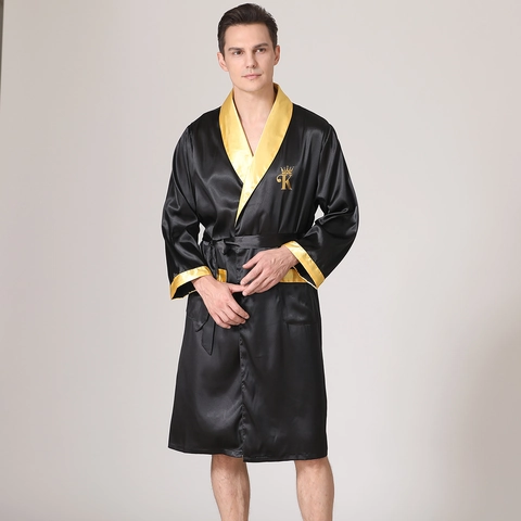 Accappatoio in Seta Satinata da Uomo Sottile Estivo Pigiama Colore a Contrasto Camicia da Notte Manica Lunga Con Cintura Lounge Wear
