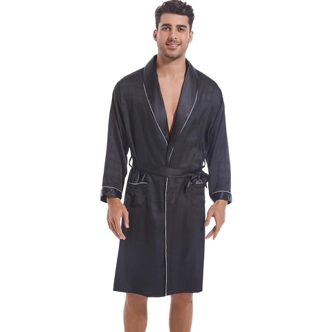 Herren Satin Schlafanzug Bademantel Und Shorts Langarm Kariert Kontrastpaspel Bequeme Nachtwäsche Home Casual Homewear