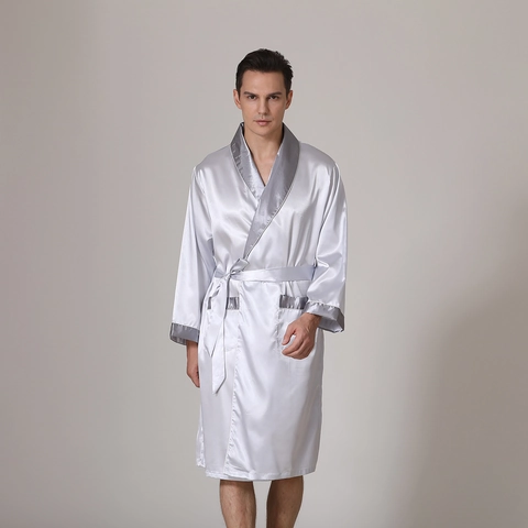 Accappatoio in Seta Satinata da Uomo Sottile Estivo Pigiama Colore a Contrasto Camicia da Notte Manica Lunga Con Cintura Lounge Wear
