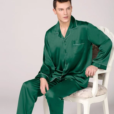 Set Pigiama in Raso da Uomo Maniche Lunghe Abbottonatura Biancheria da Notte Tubazioni a Contrasto Homewear Set PJS Morbido Loungewear per Casa