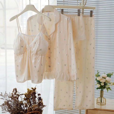 Damen Satin Schlafanzug-Set Kurzarm Oberteil Lange Hose Shorts Cami Spitze Rüschen Schleife Druck Loungewear Nachtwäsche