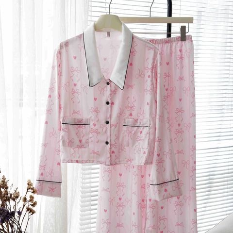 Women Elegant Satin Pajama Set Long Sleeve Lapel Button Down Top And Pants Printed Loungewear Sleepwear For Casual Home