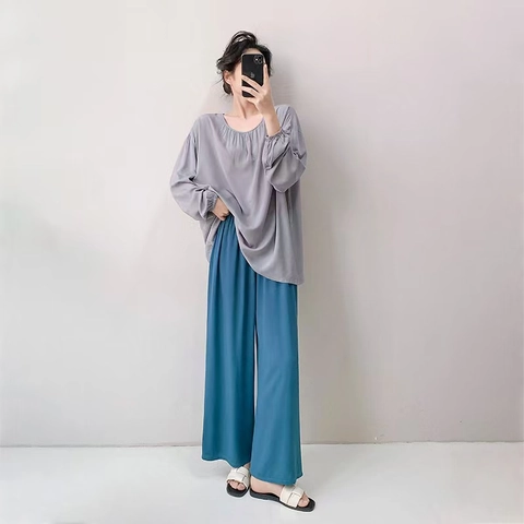 Pijama Holgado de Viscosa para Mujer Top Y Pantalones Transpirable Cómodo Ropa de Casa Color Sólido Ropa de Dormir para Primavera Verano