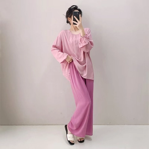 Pijama Holgado de Viscosa para Mujer Top Y Pantalones Transpirable Cómodo Ropa de Casa Color Sólido Ropa de Dormir para Primavera Verano