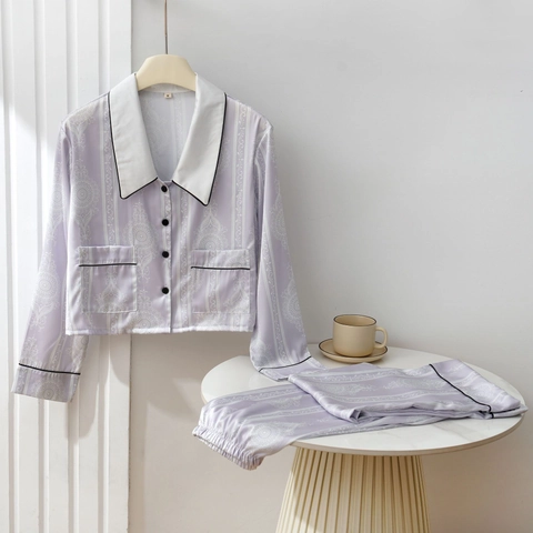 Women Elegant Satin Pajama Set Long Sleeve Lapel Button Down Top And Pants Printed Loungewear Sleepwear For Casual Home