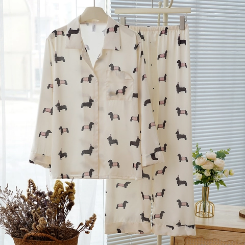 Pigiama da Donna in Raso Camicia con Bottoni a Manica Lunga E Pantaloni Abbigliamento da Casa Casual Stampa Zebra Bassotto