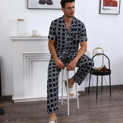 Herren Sommer Schlafanzug Oberteil Und Hose Atmungsaktive Viskose Nachtwäsche Lässig Karomuster Cartoon Print Loungewear