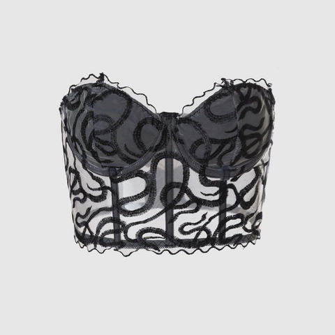 Women Strapless Lace Corset Top Sexy Embroidery Fishbone Mesh Bustier Gothic Party Clubwear Black Cropped Tank Top