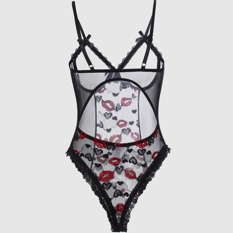 Women Sexy Black Lace Mesh Bodysuit Lingerie With Red Lips Heart Embroidery Open Bust Cut Out Bow Sleepwear Valentine Gift