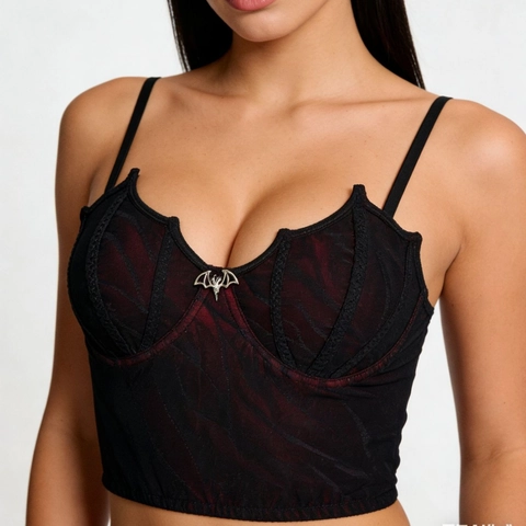 Women Gothic Dark Grunge Corset Top Batwing Shape Mesh Patchwork Cami With Metal Bat Pendant Punk Sexy Short Tank Top