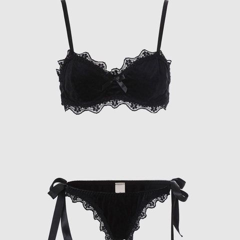 Sexy Completo Intimo in Velluto e Pizzo per Donna Con Fiocco Reggiseno Con Ferretto e Mutandine Con Lacci Laterali Vintage Nero