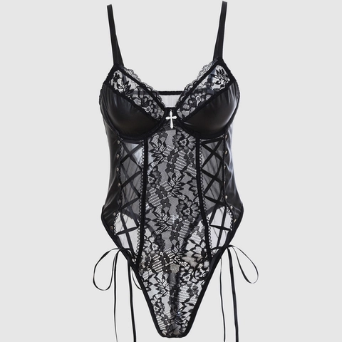 Body Sexy da Donna in Pizzo e Ecopelle Lingerie Gotica con Pendente a Croce Nero Aderente Scollo a V Tuta Intera