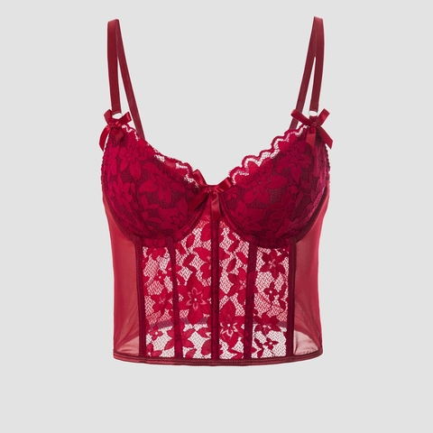 Sexy Corsetto in Pizzo Floreale Rosso Vino per Donna Vintage Mesh Patchwork Canotta Con Decorazione a Fiocco Sottocuoco Bustier Top