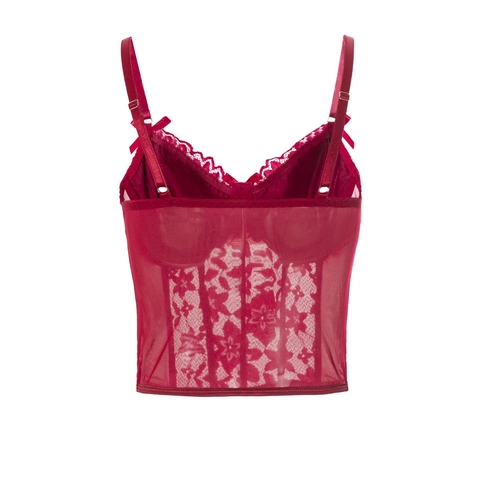 Sexy Corsetto in Pizzo Floreale Rosso Vino per Donna Vintage Mesh Patchwork Canotta Con Decorazione a Fiocco Sottocuoco Bustier Top
