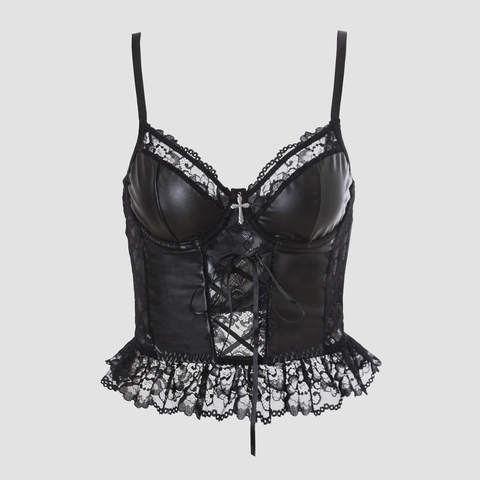 Top Corsetto Gotico da Donna in Pelle Sintetica Nera con Pizzo Ciondolo a Croce Spalline Regolabili Chiusura a Gancetto Posteriore Sexy Canotta