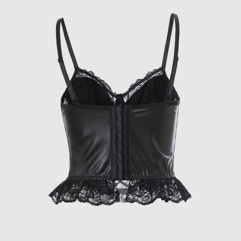 Top Corsetto Gotico da Donna in Pelle Sintetica Nera con Pizzo Ciondolo a Croce Spalline Regolabili Chiusura a Gancetto Posteriore Sexy Canotta