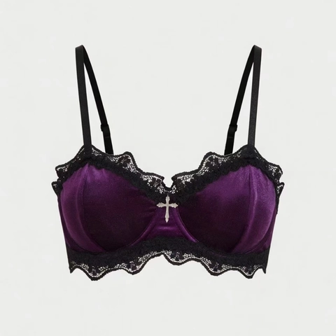 Damen Gothic Lila Samt BH Mit Schwarzer Spitze Silber Kreuz Anhänger Feste Träger Sexy Push Up Shaping Bralette